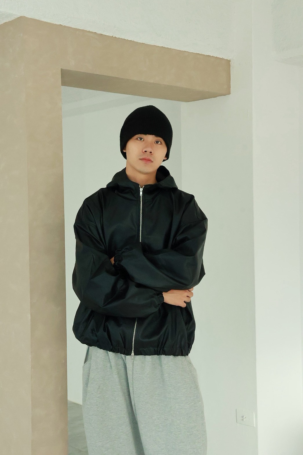 廓型 雙拉鍊 下擺鬆緊 連帽 #皮外套