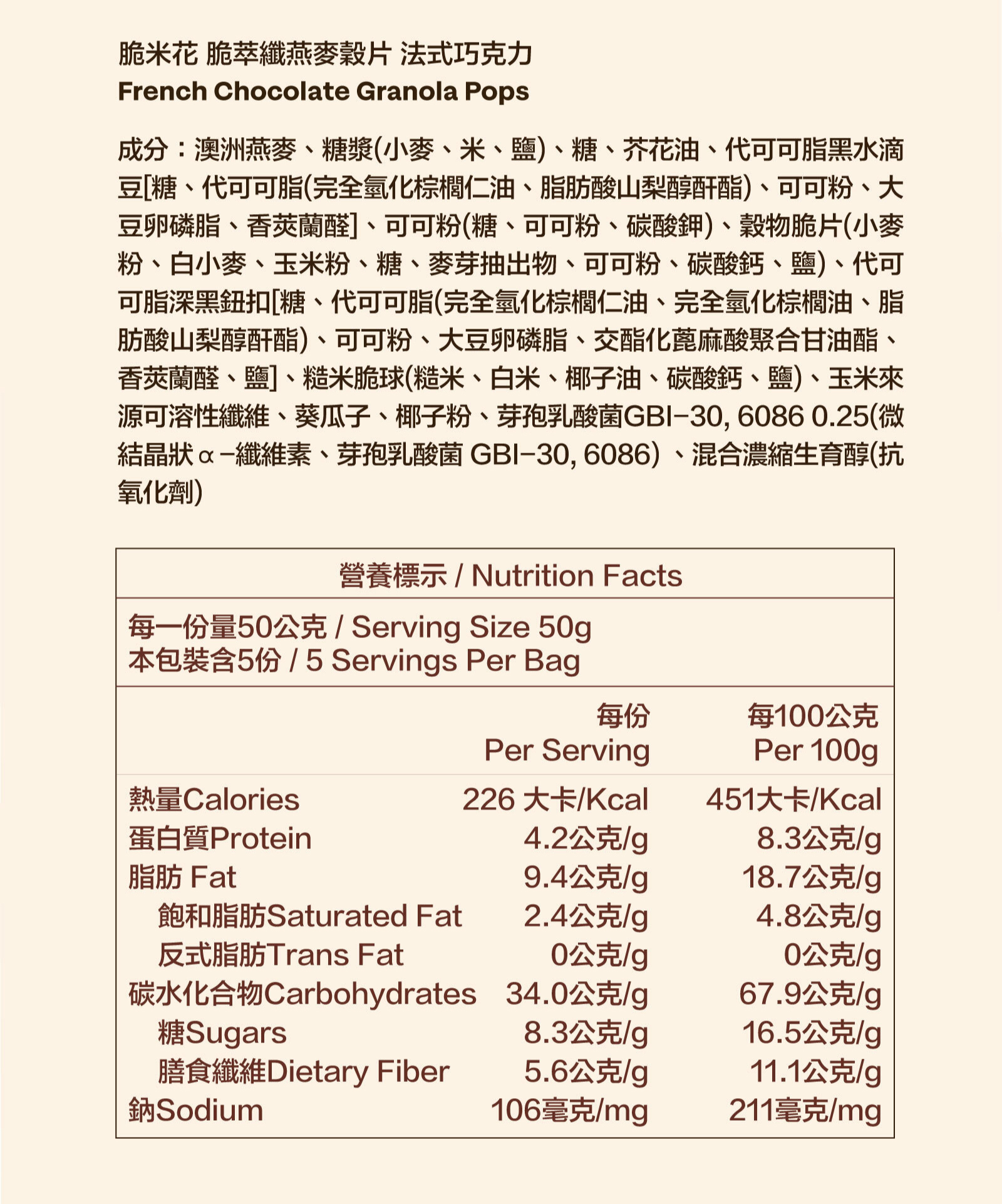 法式巧克力｜全成分及營養標示