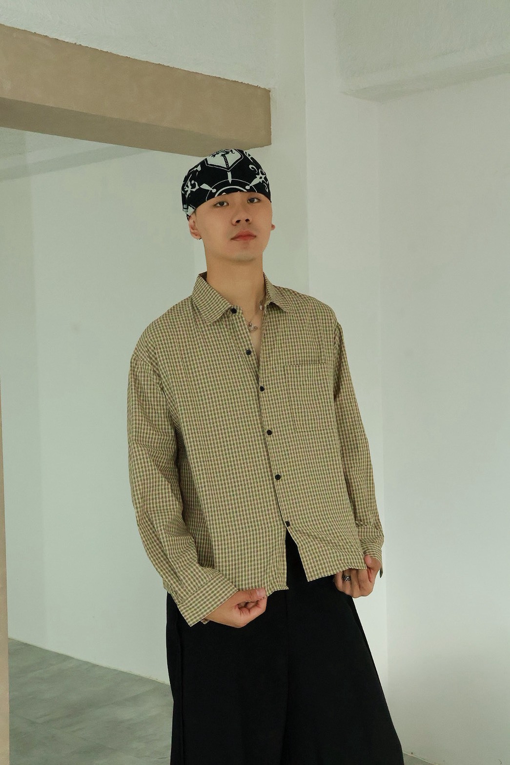 老花格紋 寬短 長袖 #襯衫