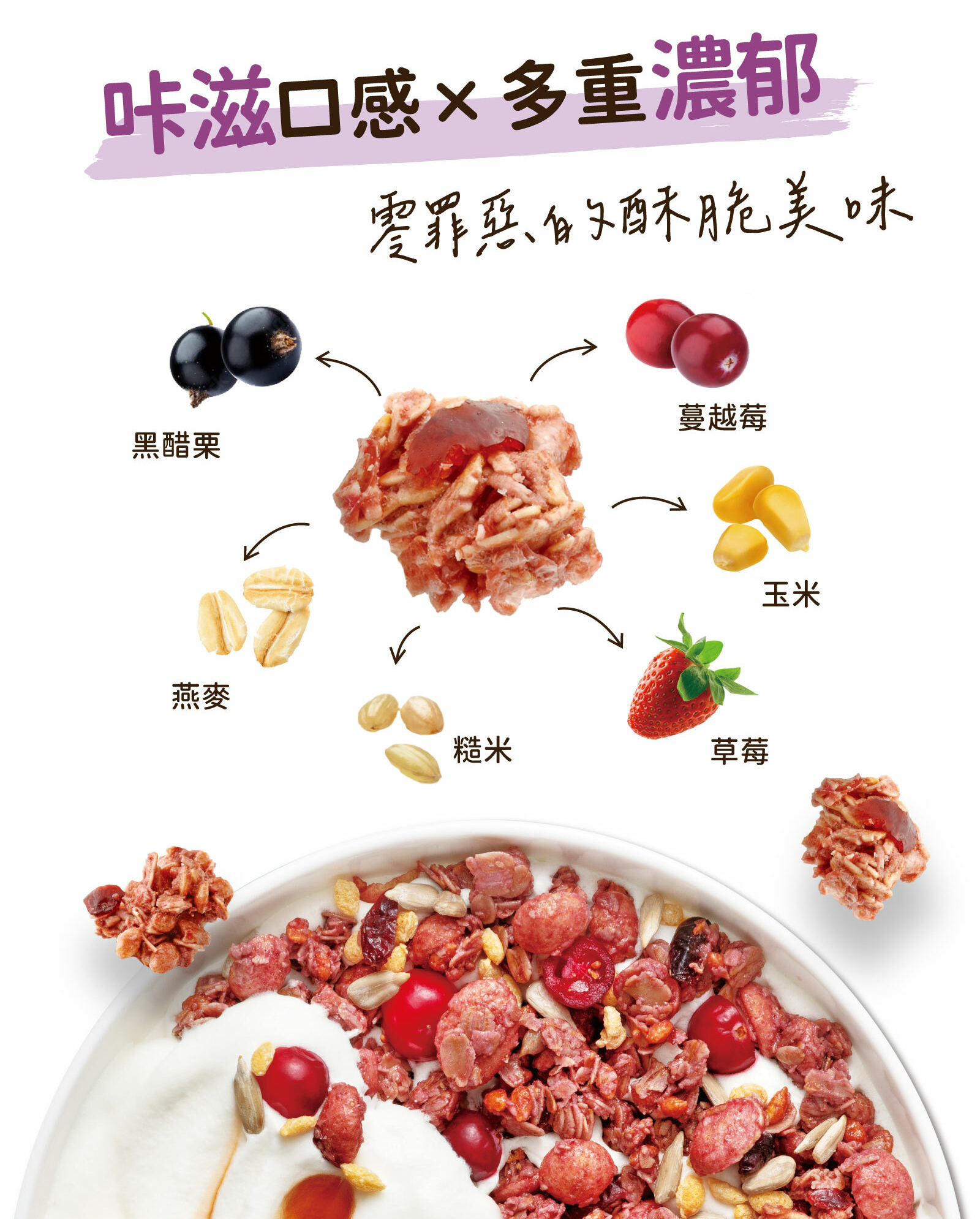 黑醋栗＋蔓越莓＋草莓酸甜滋味，搭配燕麥、糙米及玉米等三種穀物