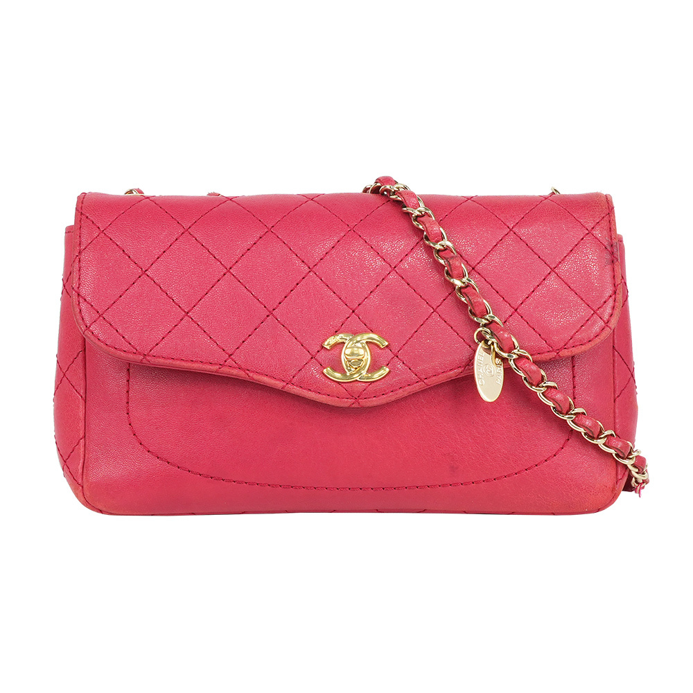 【CHANEL】金釦菱格紋牛皮鏈帶二用包(粉紅色)