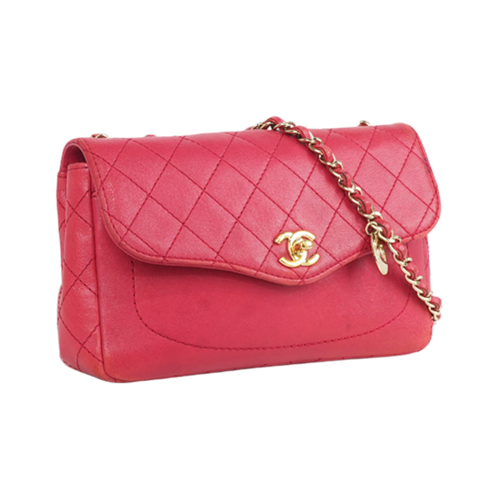 【CHANEL】金釦菱格紋牛皮鏈帶二用包(粉紅色)