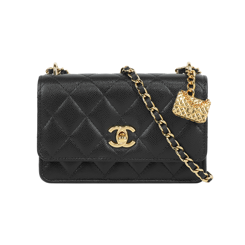 【CHANEL】金色CC Logo 及口蓋包吊墜迷你風琴包(黑色)