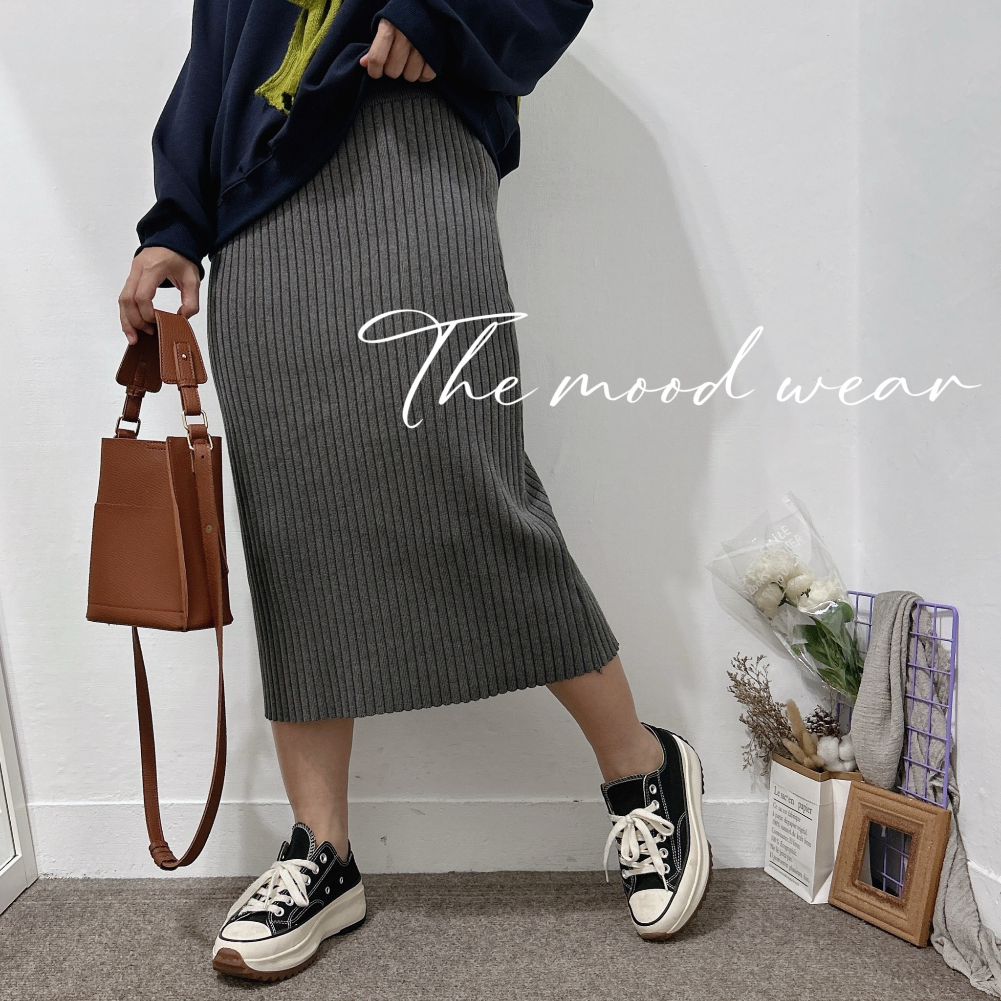 秋冬必備全彈性針織直坑條長裙（黑/灰/咖啡）
