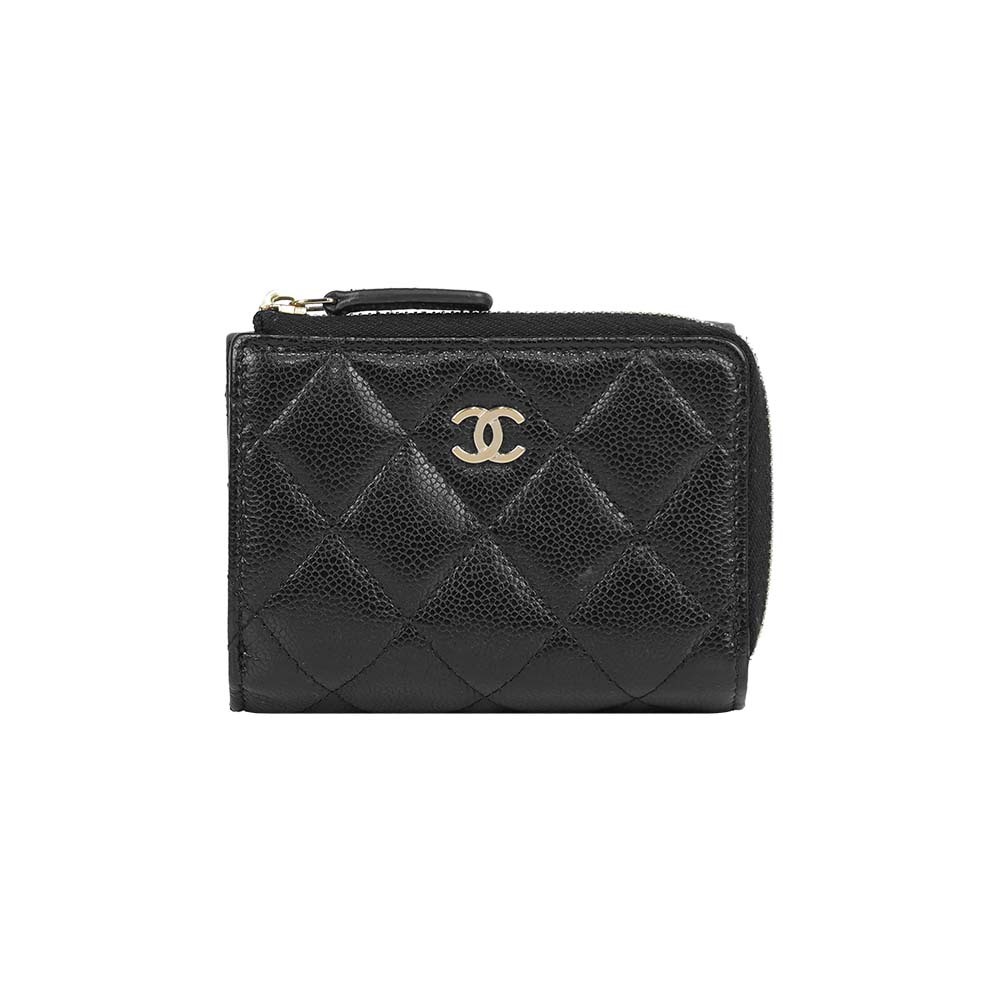 【CHANEL】淡金釦菱格紋牛皮拉鍊零錢袋三折短夾(黑色)