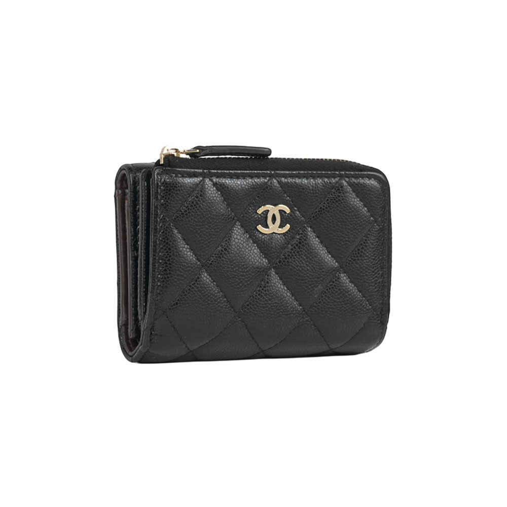 【CHANEL】淡金釦菱格紋牛皮拉鍊零錢袋三折短夾(黑色)