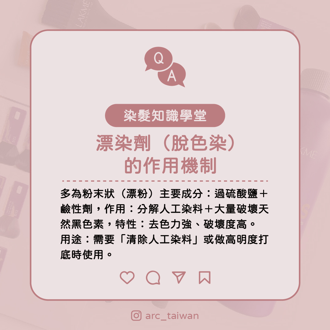 漂染劑(脫色染)的作用機制 多為粉末狀(漂粉) 主要成分:過硫酸鹽+鹼性劑 作用:分解人工染料+大量破壞天然黑色素 特性:去色力強、破壞度高 用途:需要「清除人工染料」或做高明度打底時使用
