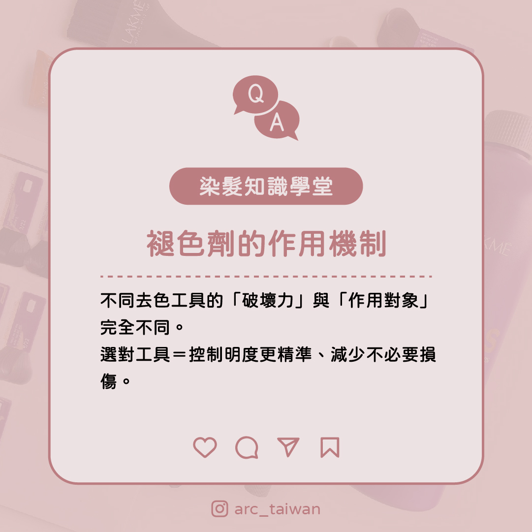 褪色劑的作用機制 作用對象:僅分解部分天然麥拉寧色素 不具備:分解人工染料能力 特性:降低損傷、明度提升有限 用途:染深前調底、微調明度、不需清除舊染料時使用