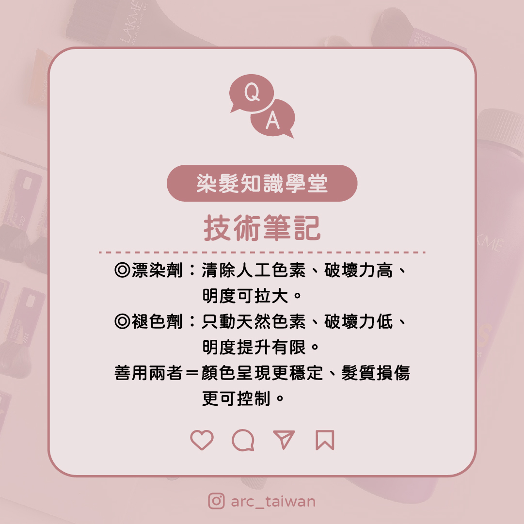 技術筆記 🌫 漂染劑:清除人工色素、破壞力高、明度可拉大 🍂 褪色劑:只動天然色素、破壞力低、提升有限 善用兩者=顏色呈現更穩定、髮質損傷更可控。