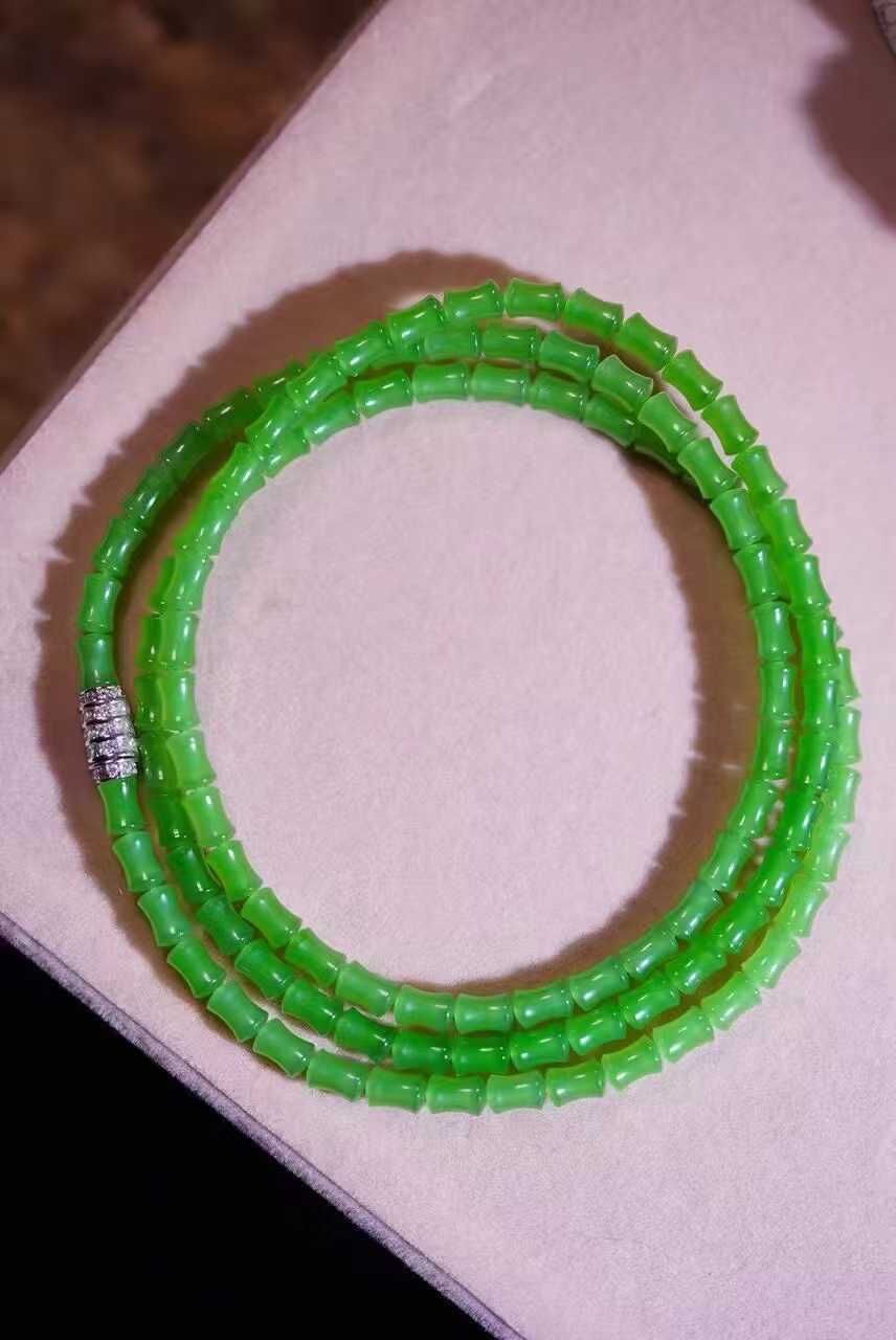 和田玉碧玉蘋果綠竹節珠串 (5.7mm直徑),天然和田玉軟玉