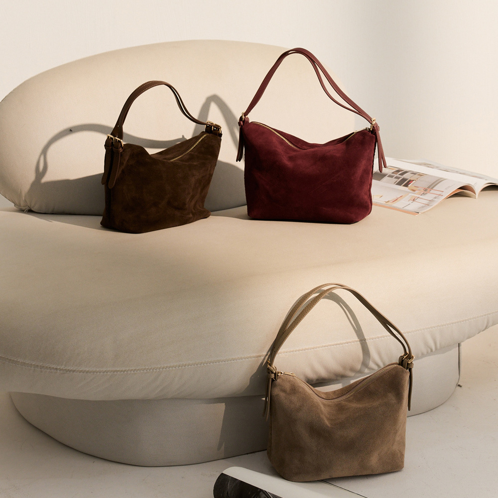 AMICA義大利真皮自訂系列-麂皮雙背帶垂墜包(附長背帶)