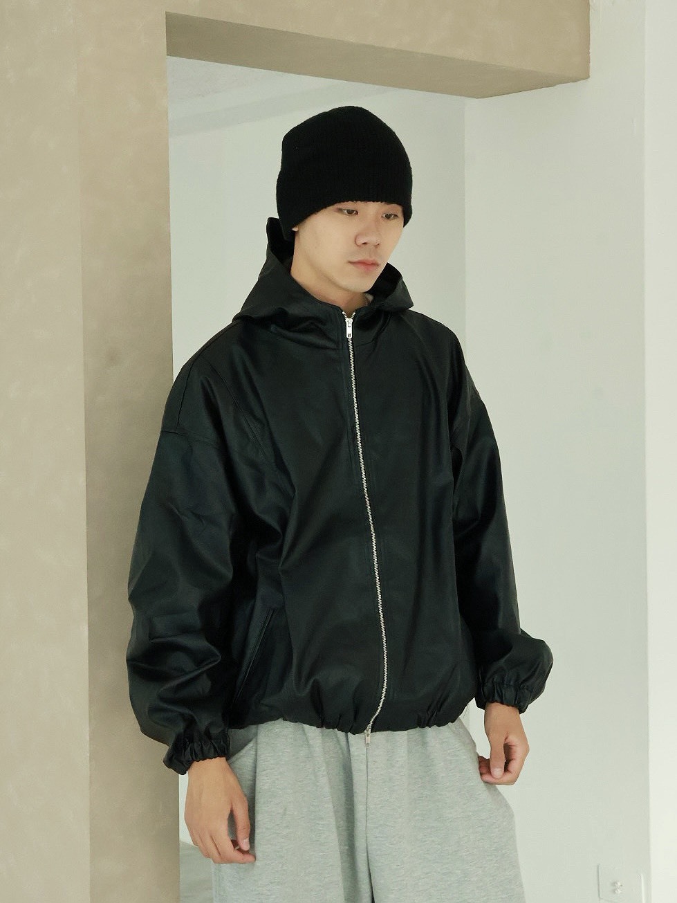 廓型 雙拉鍊 下擺鬆緊 連帽 #皮外套