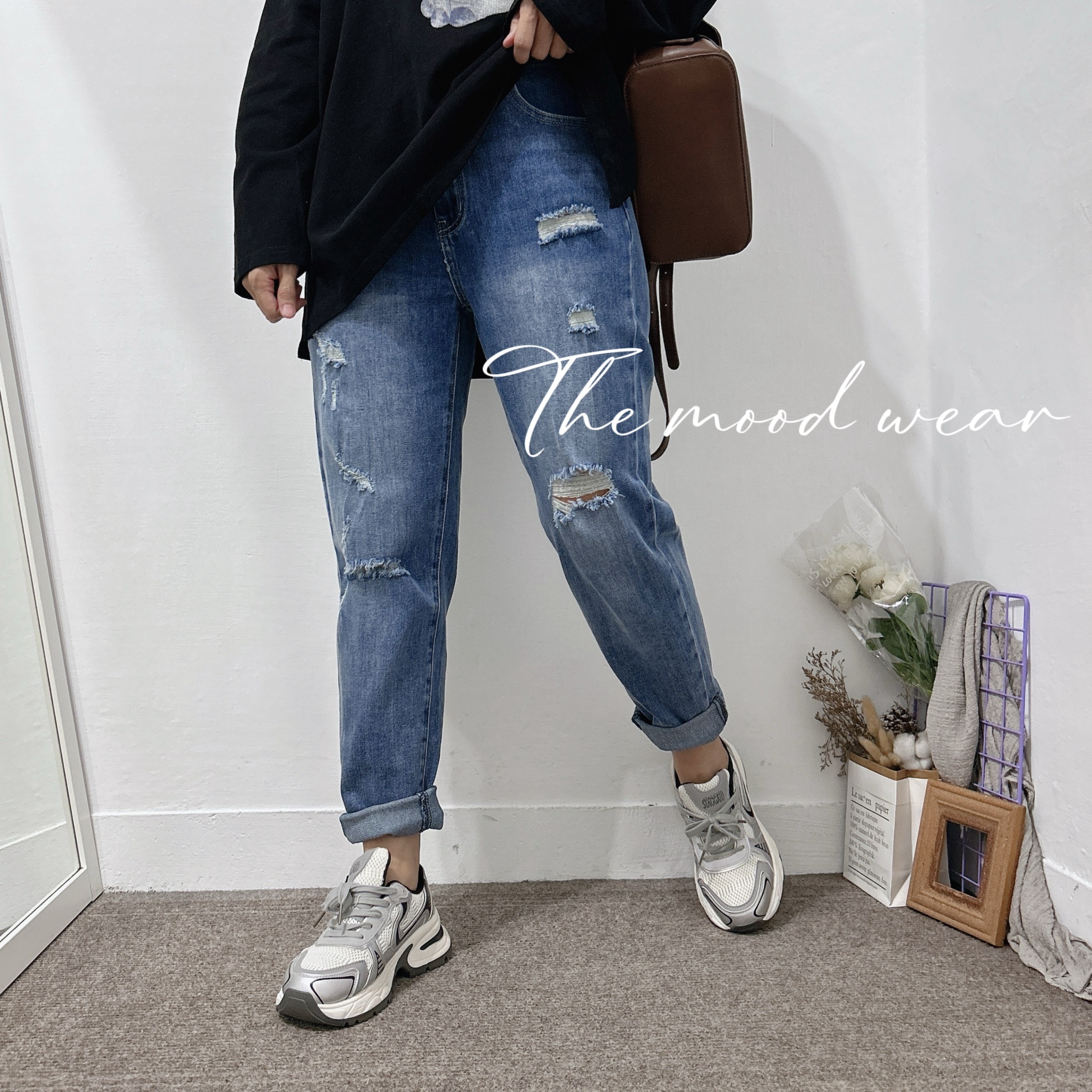 S-2xL街頭感藏肉牛仔破壞男友褲  破褲 破壞牛仔褲