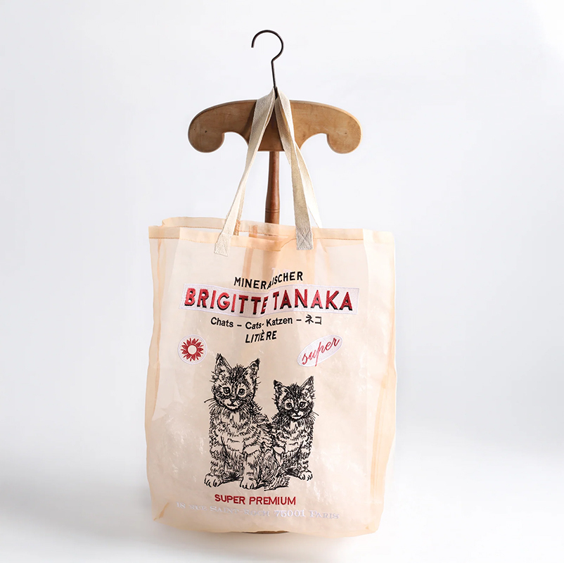 Brigitte Tanaka 貓咪刺繡烏干紗提袋(桃粉)