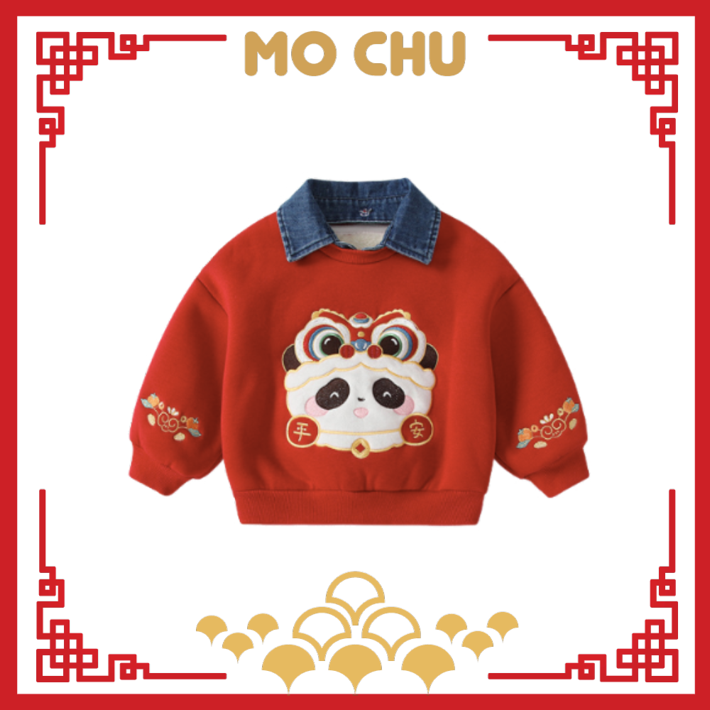 (80.100cm現貨)平安龍牛仔領假兩件加絨上衣