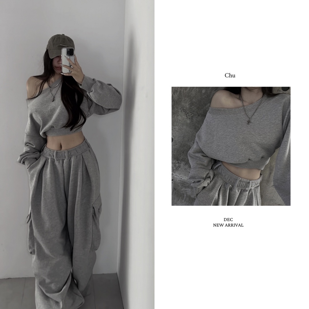 【 𝐂𝐇𝐔-𝐌𝐀𝐃𝐄 】韓模比例 好版型斜肩短款衛衣