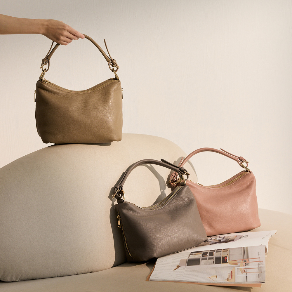 AMICA義大利真皮自訂系列-多拉鍊大容量hobo軟包(附長背帶)