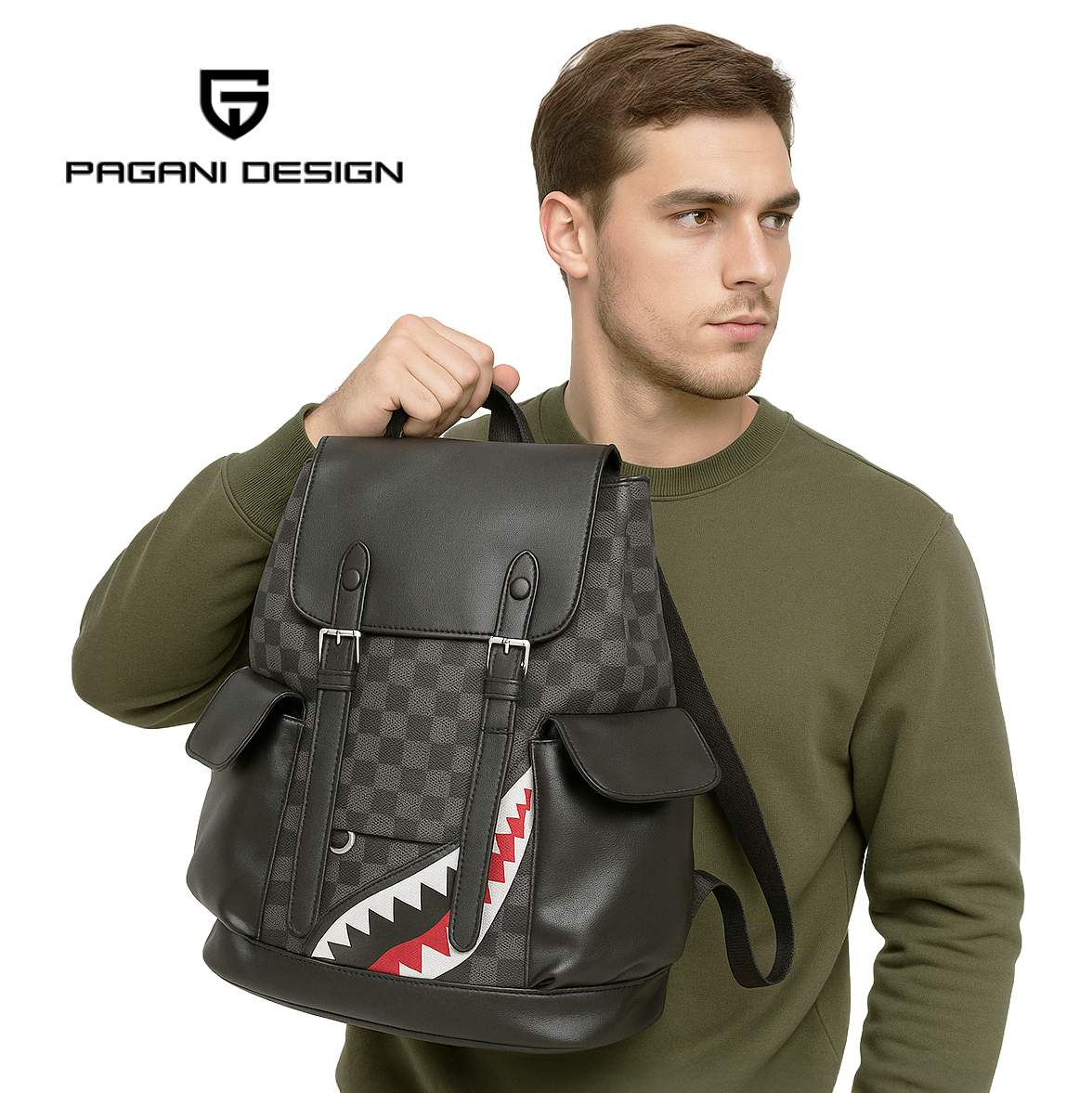 【Pagani Design 帕加尼】PGN-C041鯊魚 多功能 棋盤格 後背包