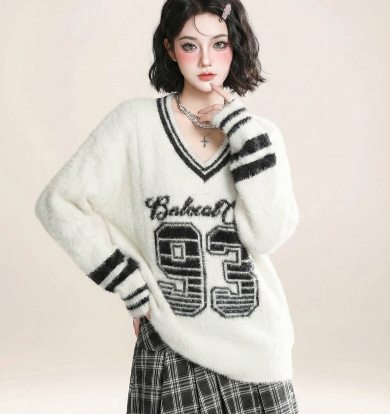 毛海V領數字毛衣