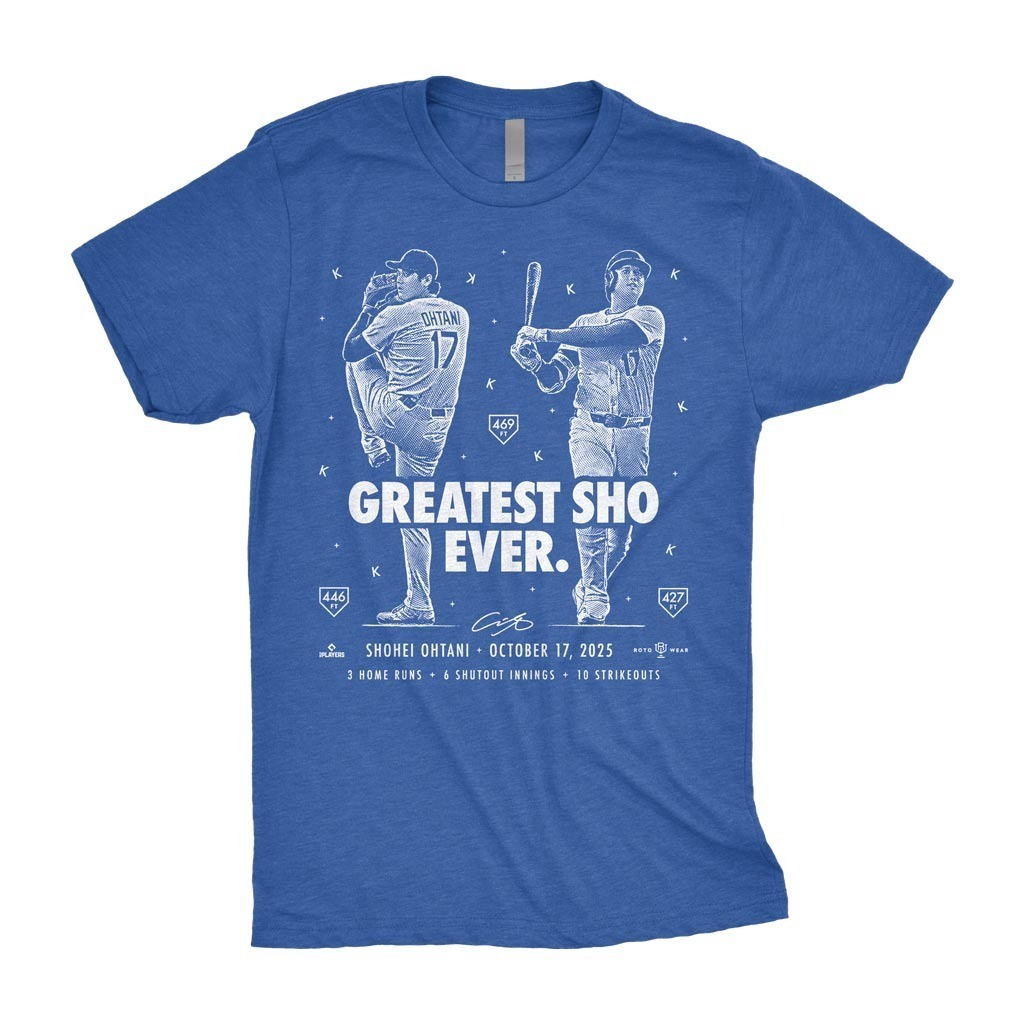 MLB短袖 Shohei Ohtani Greatest Sho Ever 洛杉磯道奇 國聯冠軍戰 鬼神表現 3轟 10三振 大谷實穿 RotoWear Tee 棉質 聚脂纖維 短袖 全新