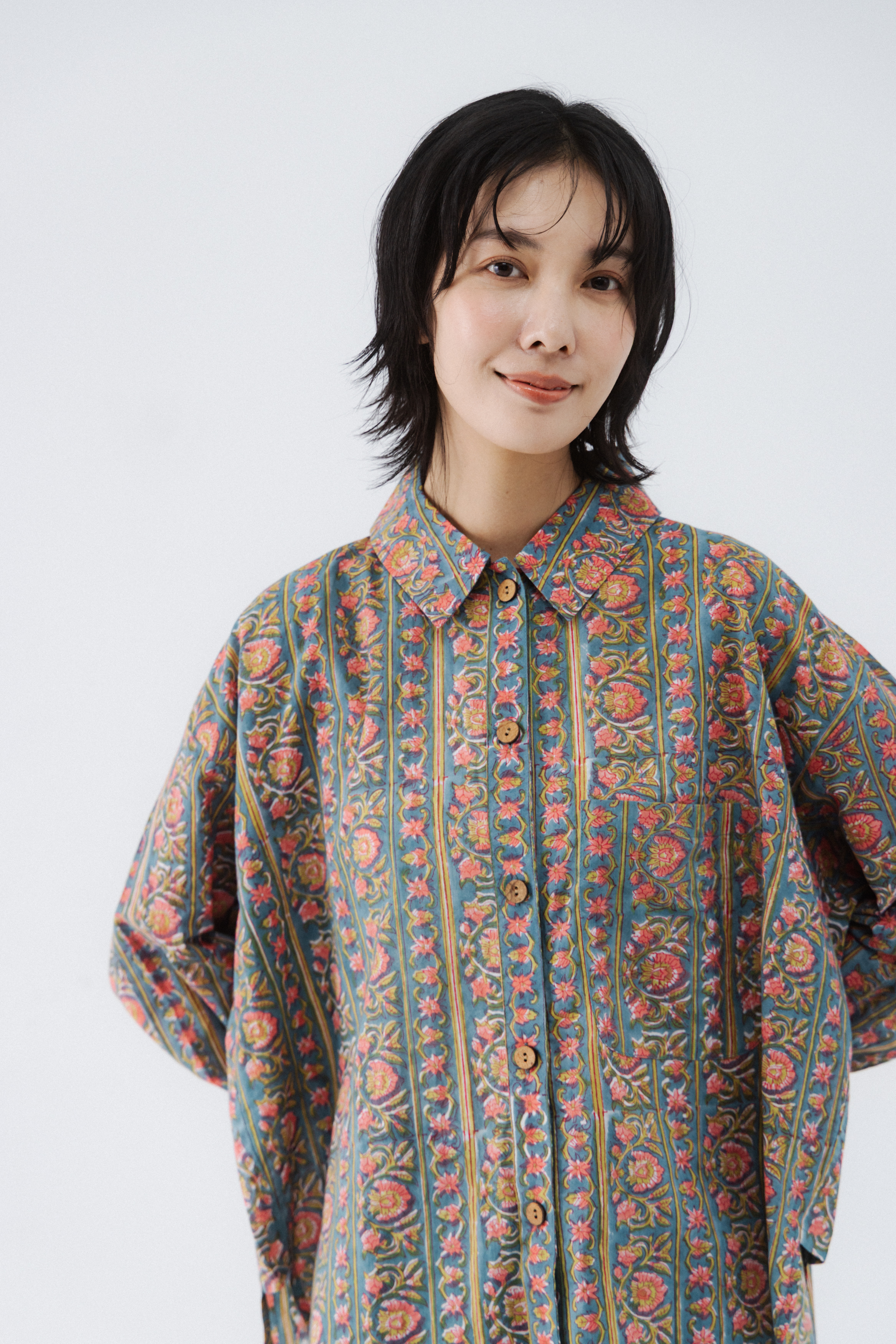 古典木刻印長袖襯衫上衣