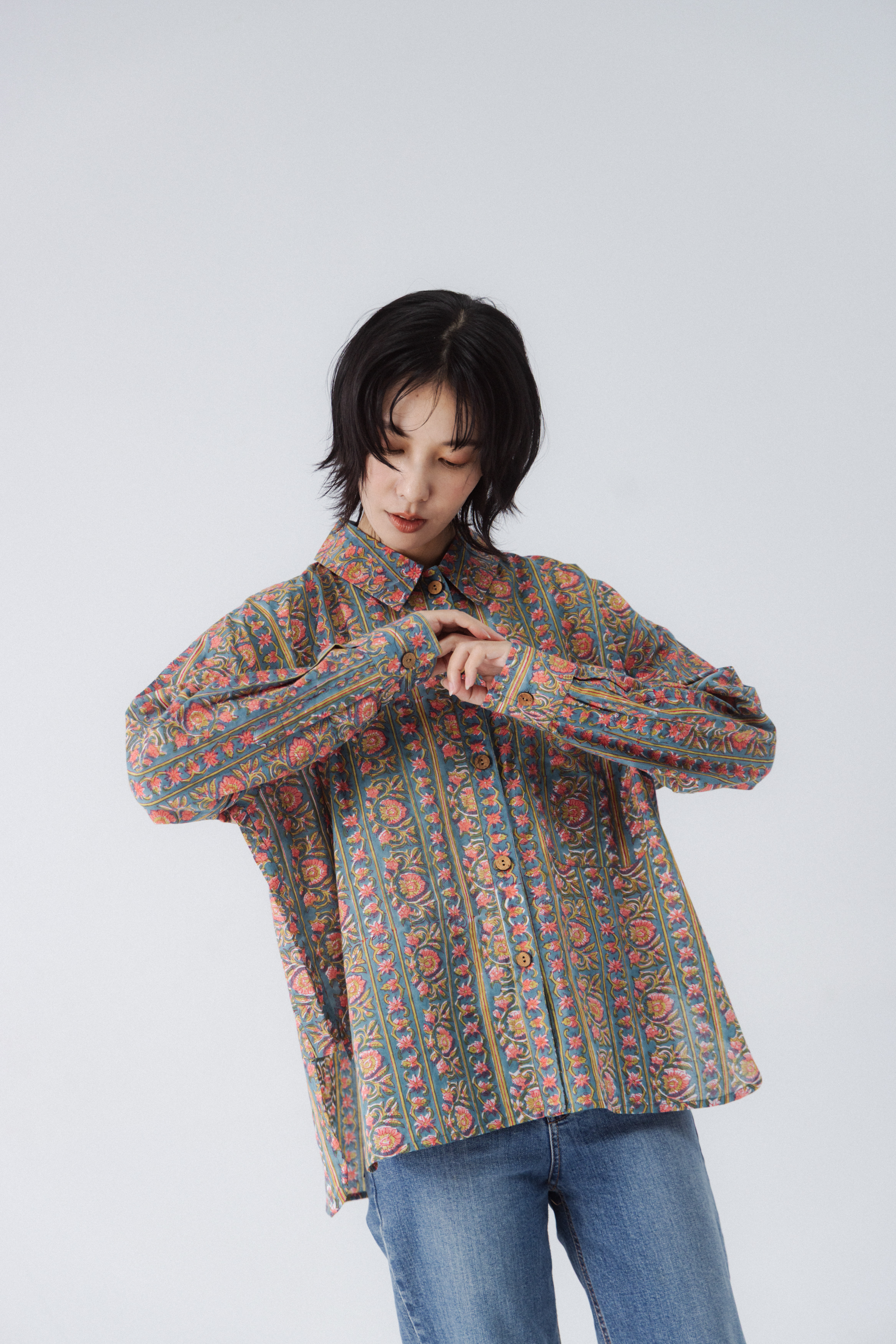 古典木刻印長袖襯衫上衣