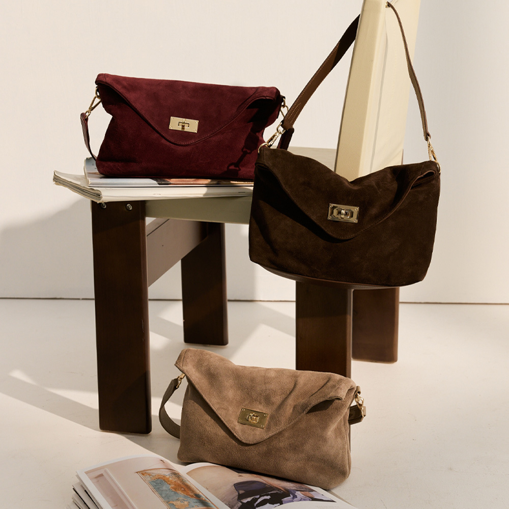 AMICA義大利真皮自訂系列-麂皮款金釦信封肩背包(附長背帶)