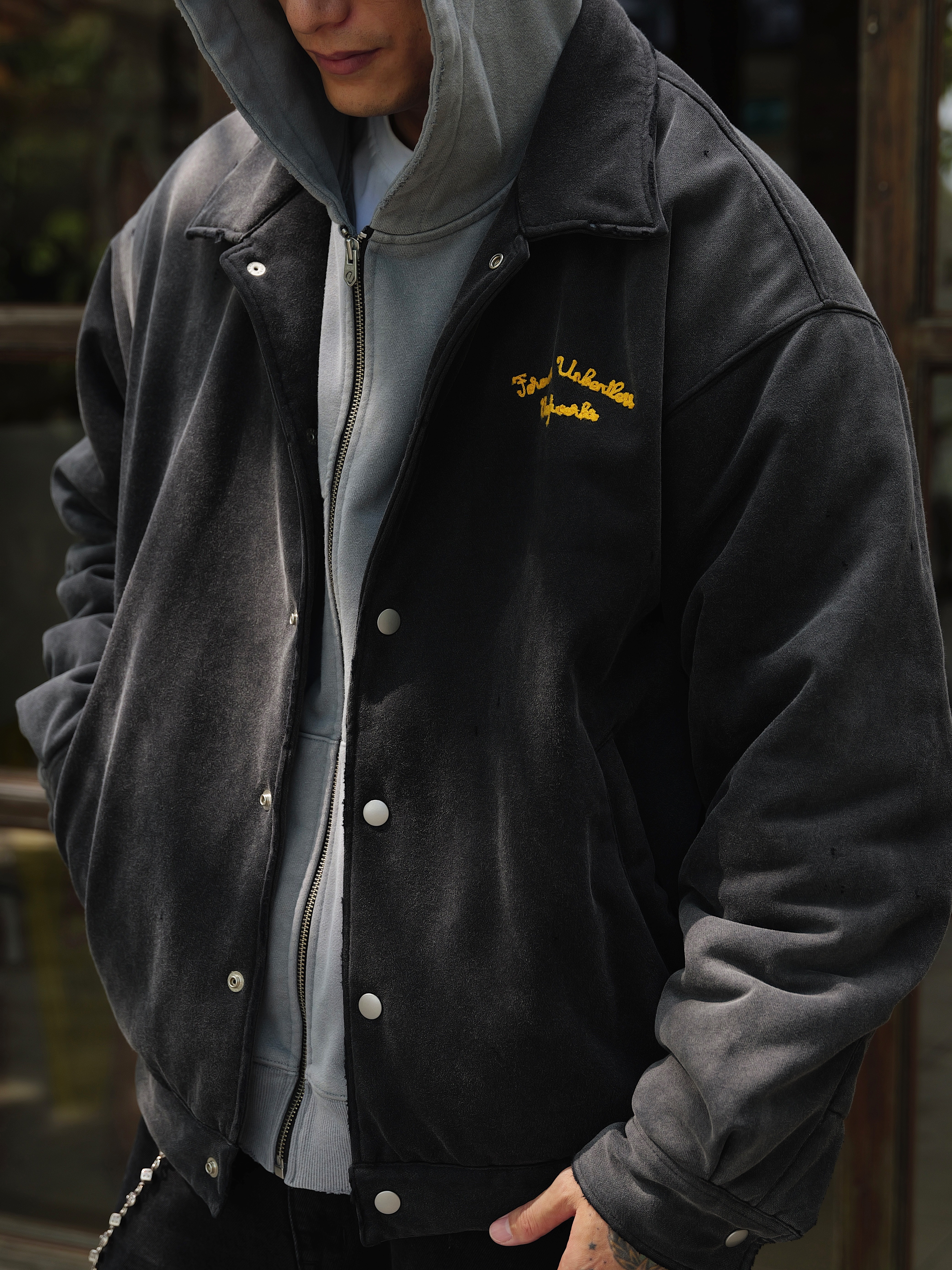 #預購 UNBENT 25AW 復古休閒 水洗破壞 做舊刺繡 保暖棉衣外套 vintage衛衣夾克 兩色