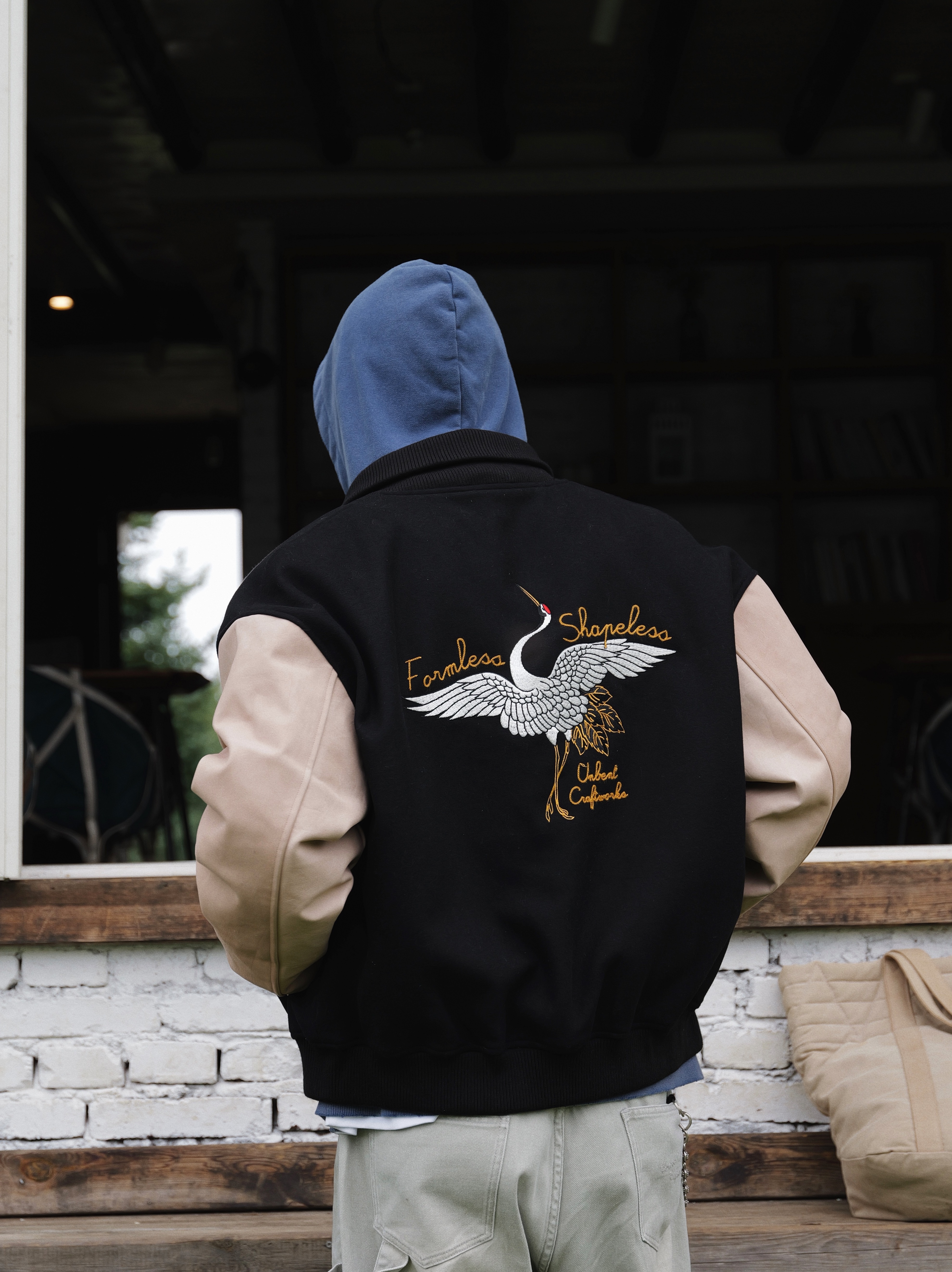 #預購 UNBENT 25AW 復古做舊 馬皮袖 羊毛混紡 仙鶴刺繡 棒球棉外套 兩色