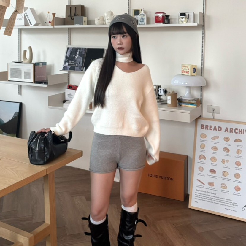 居家慵懶風 下捲邊寬腰針織短褲