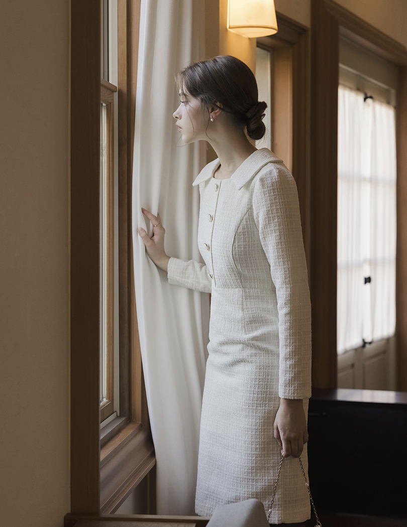 Davina 優雅小翻領粗花呢洋裝 [ 2色 / S,M,L ]