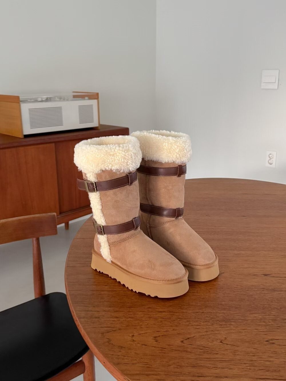 可愛配色織帶QQ毛牛皮羊毛中筒雪靴