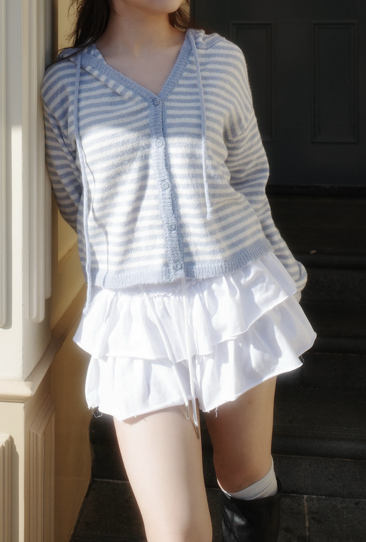 溫柔感(⸝⸝•‧̫•⸝⸝) Sky Blue日系連帽幼針織上衣