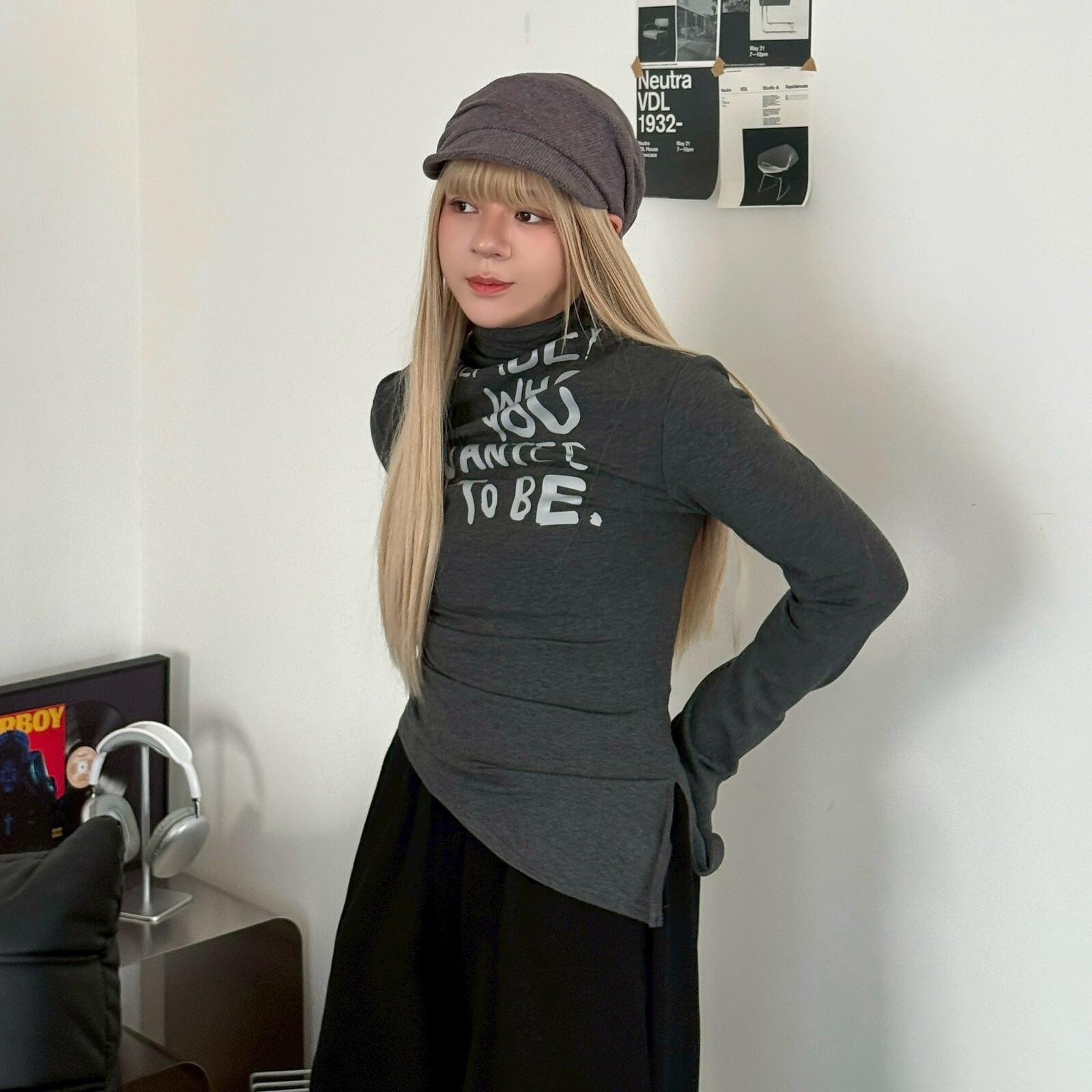 隨機命中!斜抓皺立領磨毛上衣