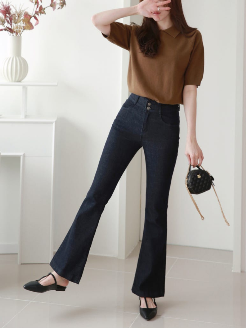 螞蟻腰彈性丹寧喇叭褲 [ 深藍色 / S,M,L,XL ]