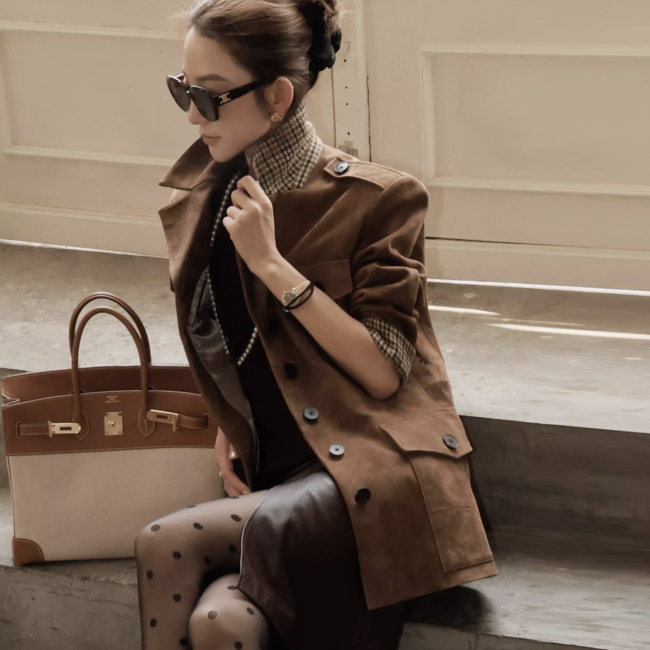 巧克力色配色領片麂皮真皮皮衣外套-S-L (Elegant & Love)