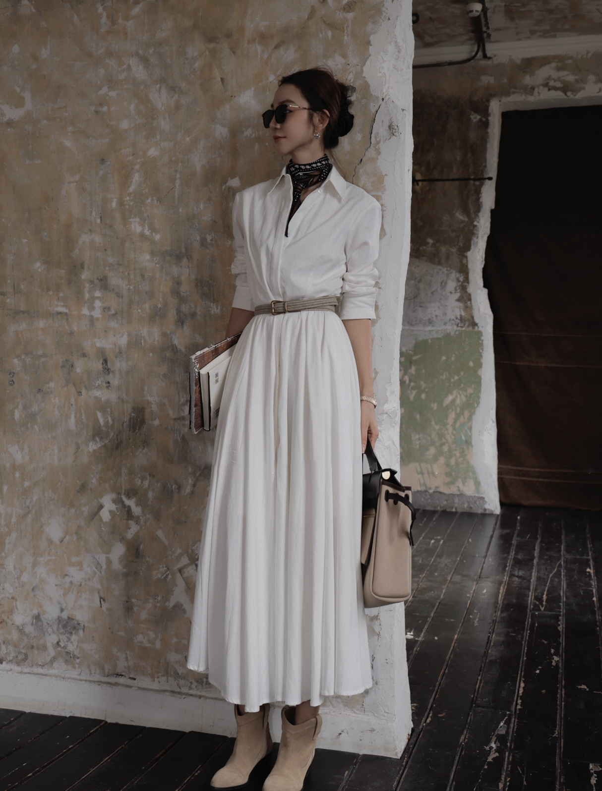 雲朵白翻領拼接百摺裙襯衫長洋裝-S-L (Elegant & Love)