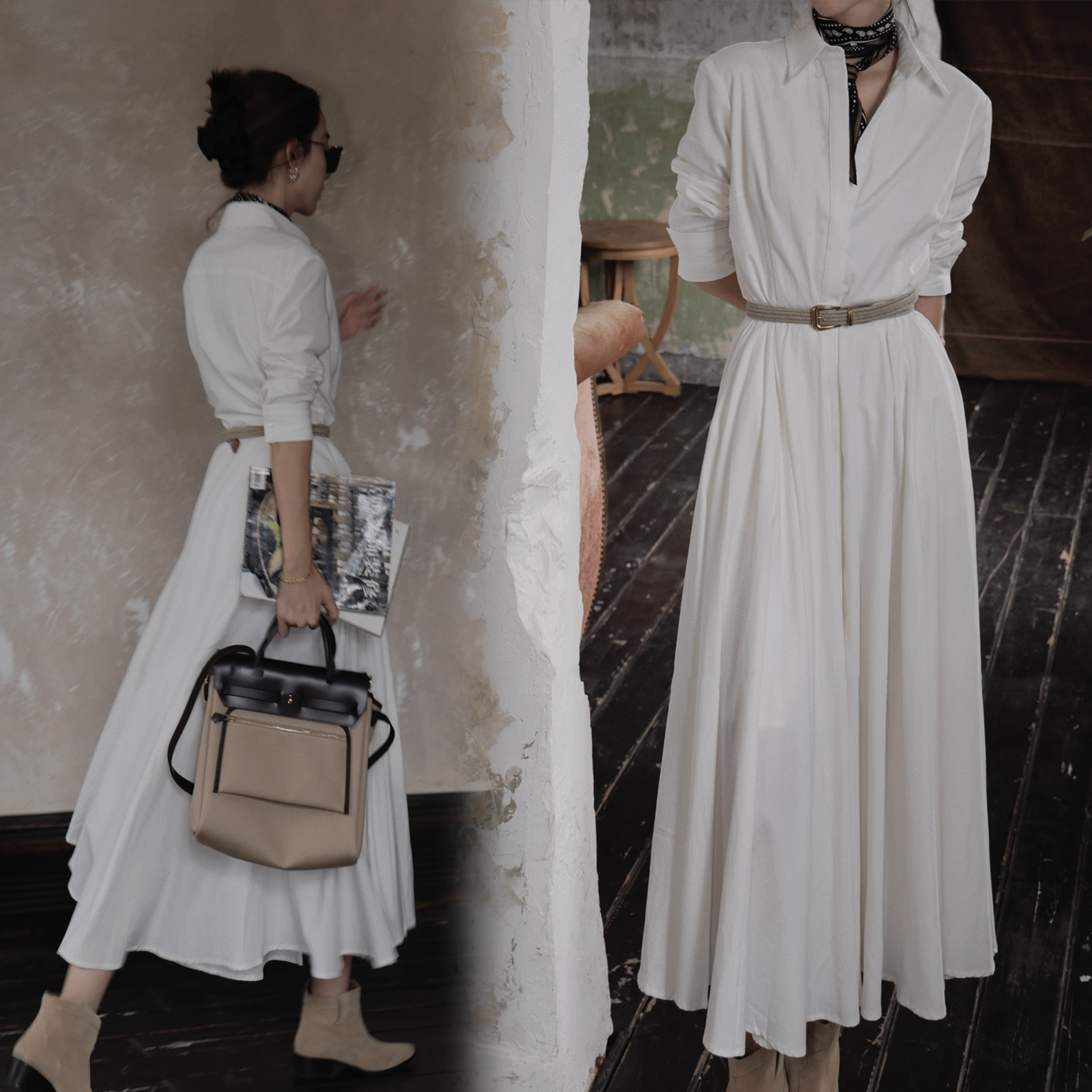 雲朵白翻領拼接百摺裙襯衫長洋裝-S-L (Elegant & Love)