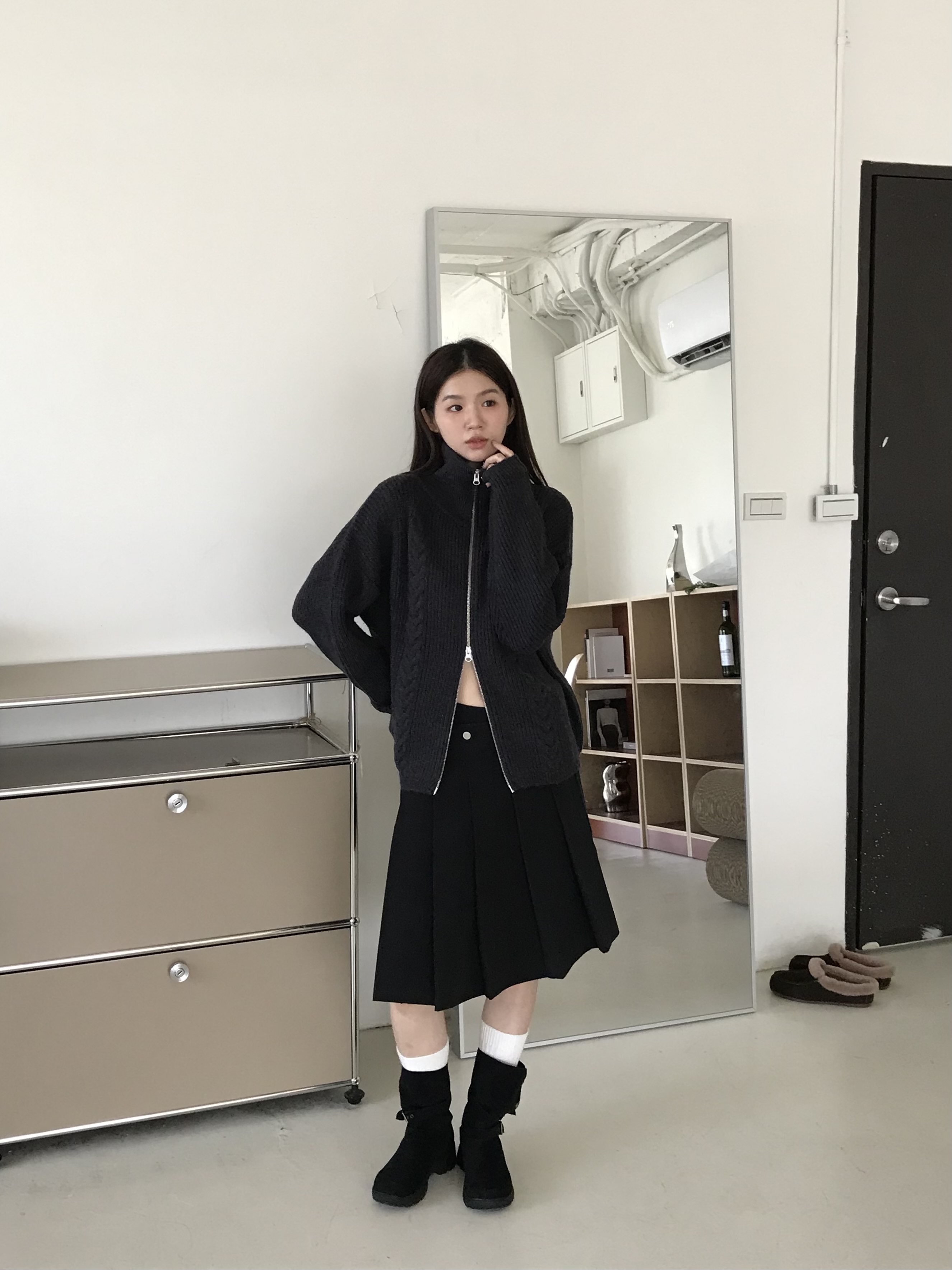 麻花捲雙拉鍊針織外套(灰)