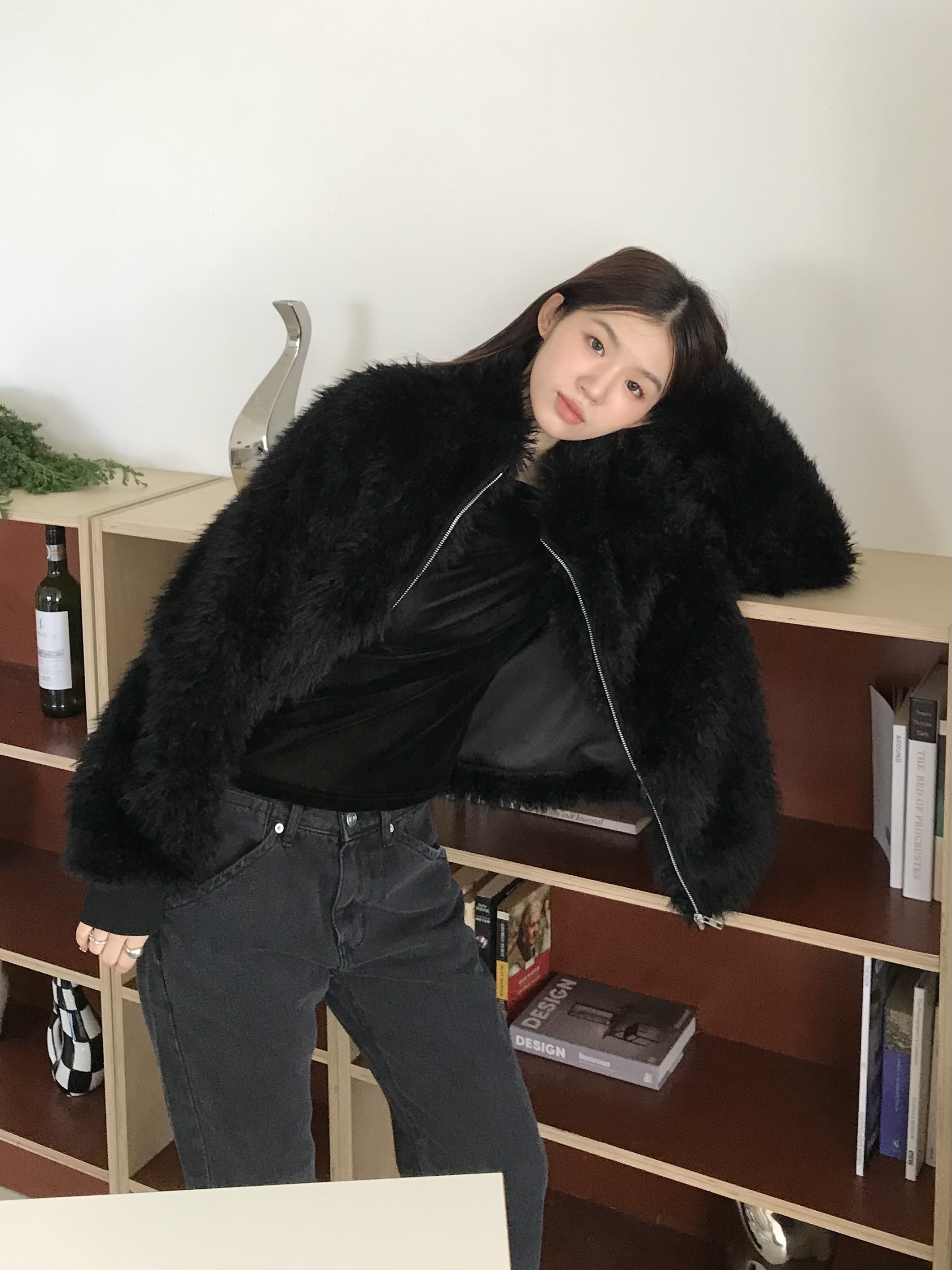 teddy立領毛流感拉鍊外套(黑)