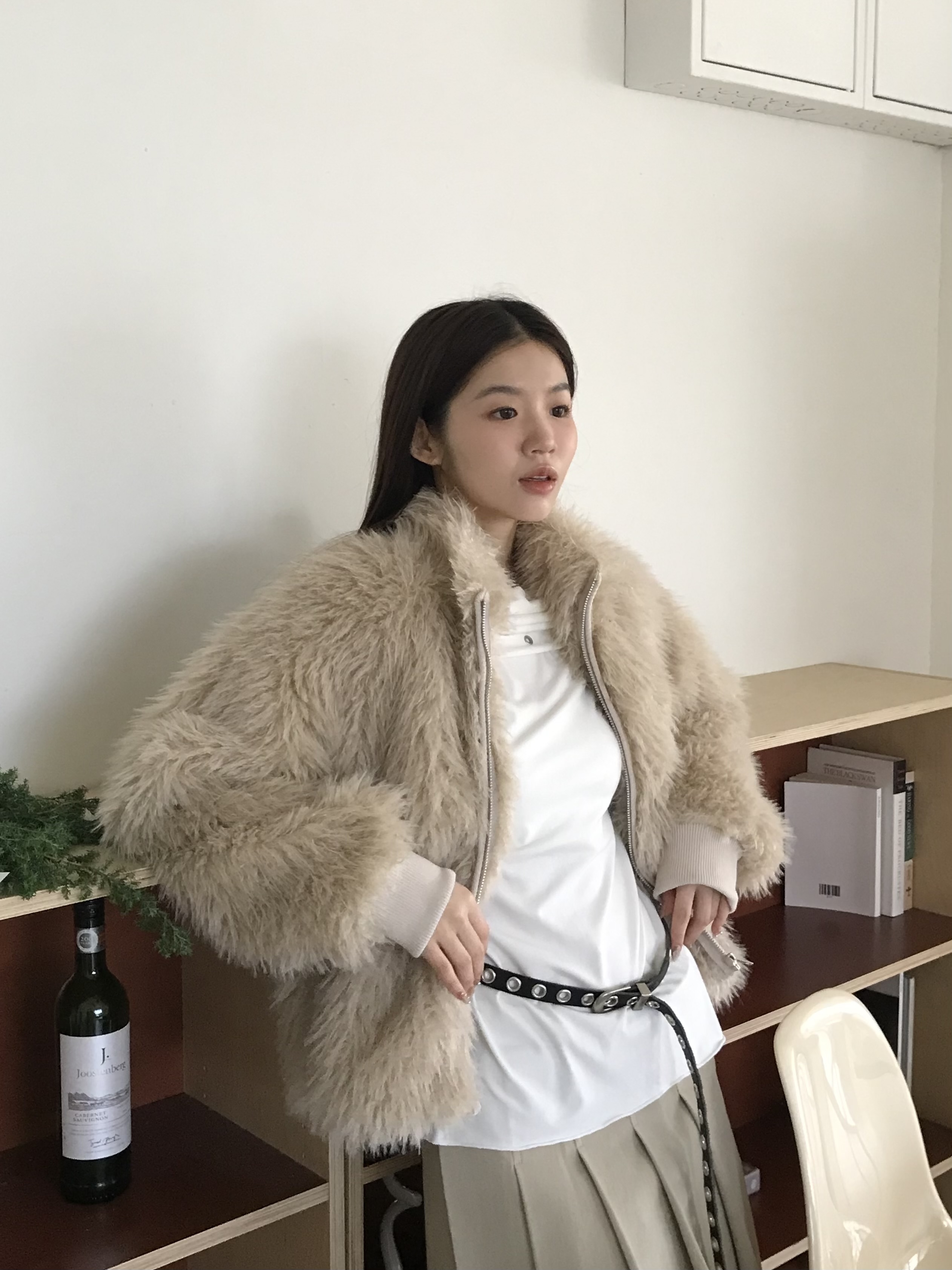 teddy立領毛流感拉鍊外套(淺駝)