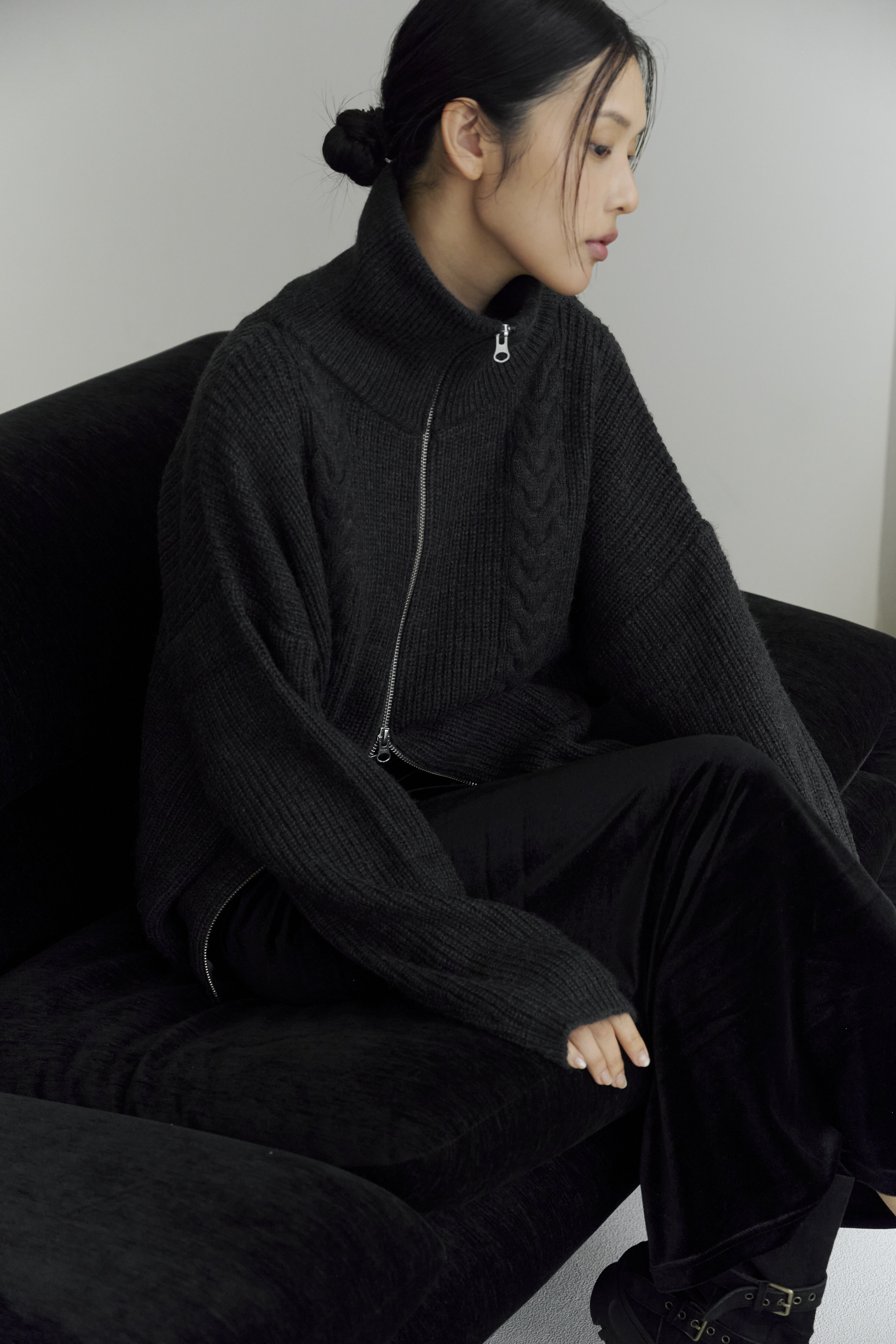 麻花捲雙拉鍊針織外套(灰)