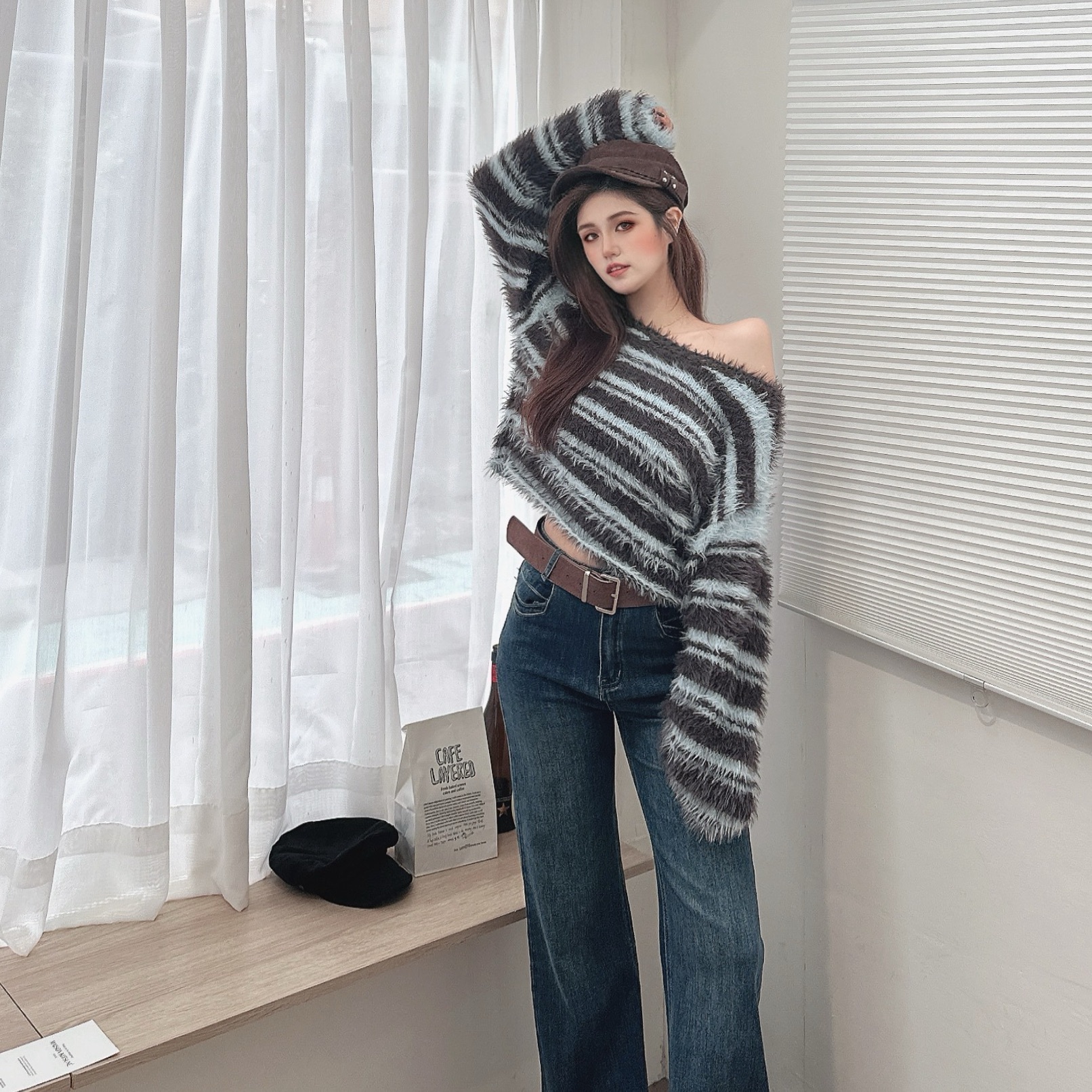 撞色條文海毛針織毛衣/三色