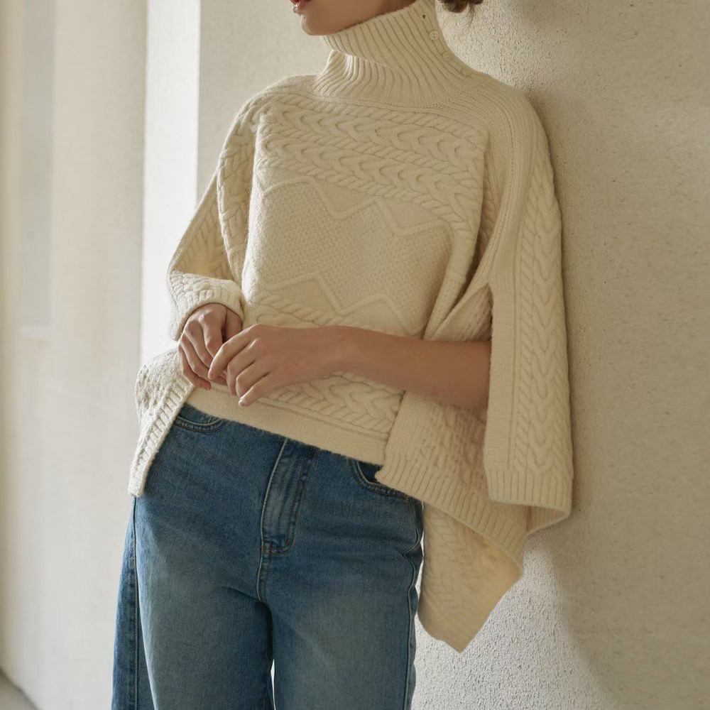 反摺高領造型羊毛麻花針織斗篷毛衣 / 3色