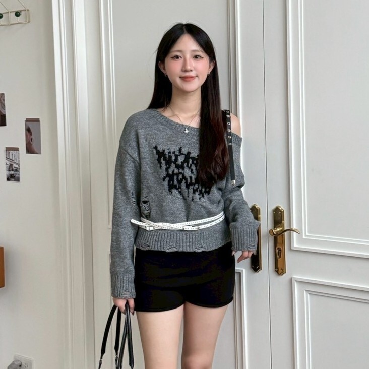 cool mood⚡斜領單肩中版毛衣