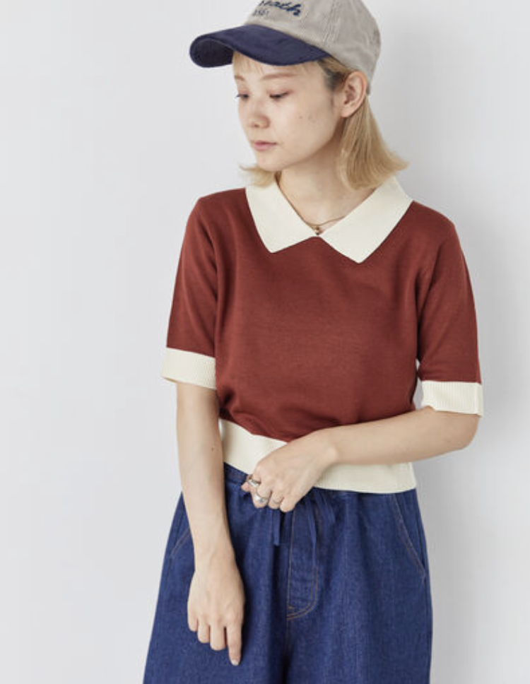復古撞色針織短版Polo上衣【日本直送】