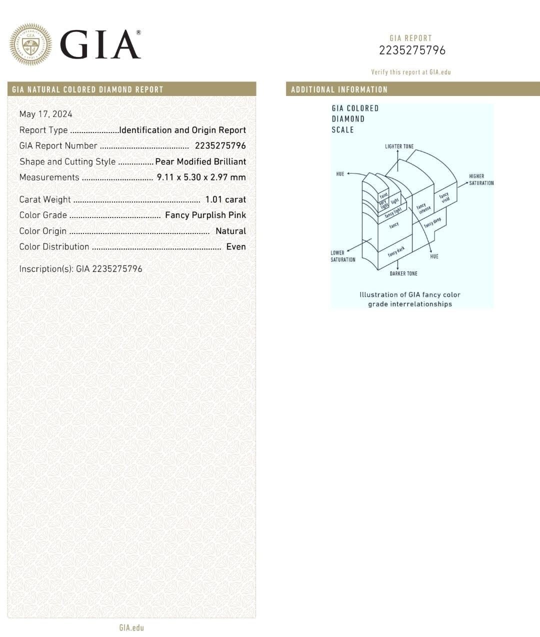 GIA梨形粉紅鑽石 1.01ct Natural, Fancy Purplish Pink, Even