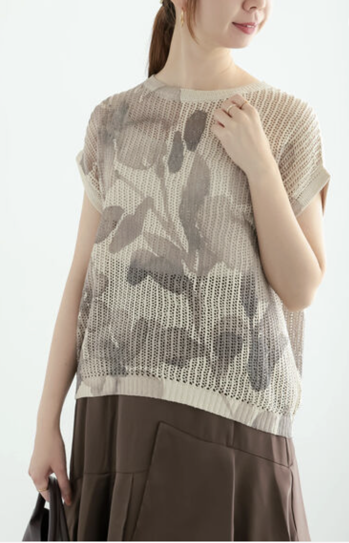 花卉印花透膚網紗針織上衣【日本直送】