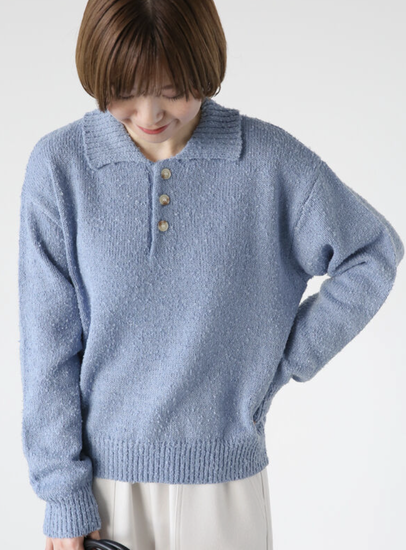 天藍色圈圈紗針織 Polo 上衣【日本直送】