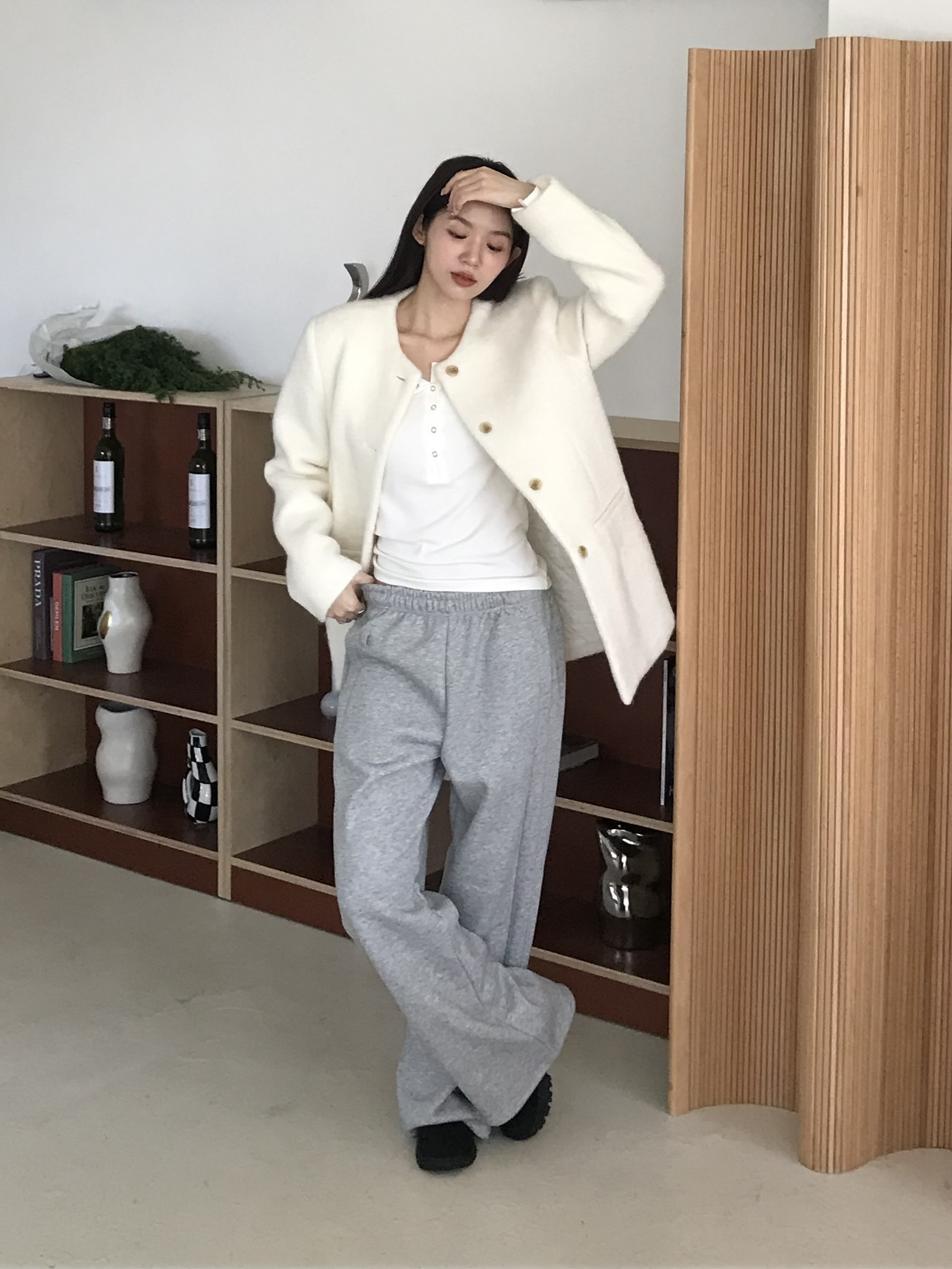 ADP千金感無領鋪棉毛呢西外(白)